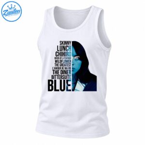 Blue-toned half-face portrait with dark hair and bold black album tracklist typography