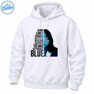 Blue-toned half-face portrait with dark hair and bold black album tracklist typography