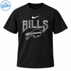 BILLS varsity lettering with a white swoosh and outlined buffalo graphic in black, white, and gray