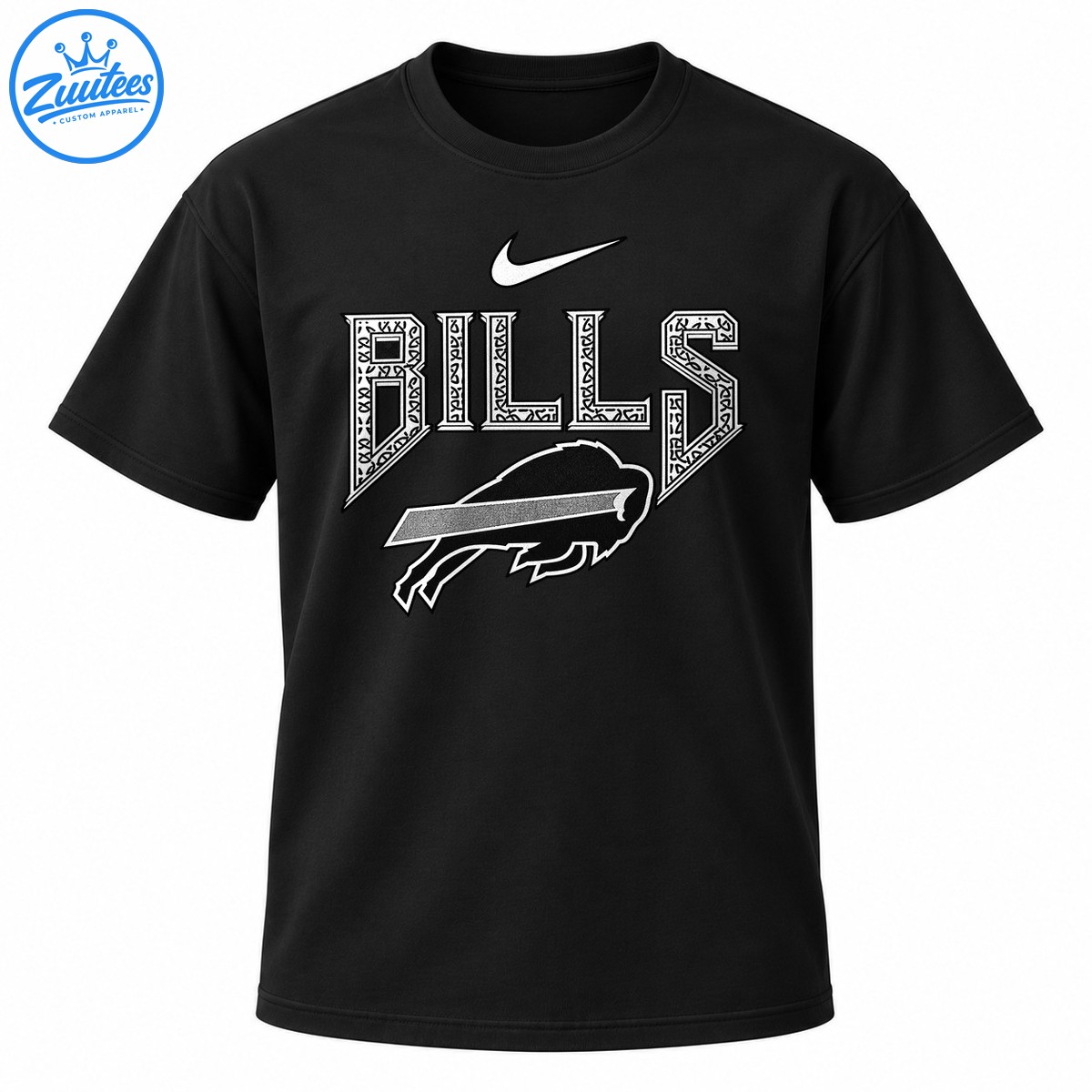 BILLS varsity lettering with a white swoosh and outlined buffalo graphic in black, white, and gray BILLS varsity lettering with a white swoosh and outlined buffalo graphic in black, white, and gray