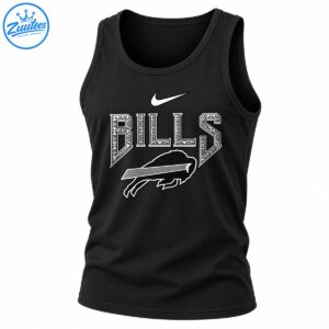 BILLS varsity lettering with a white swoosh and outlined buffalo graphic in black, white, and gray