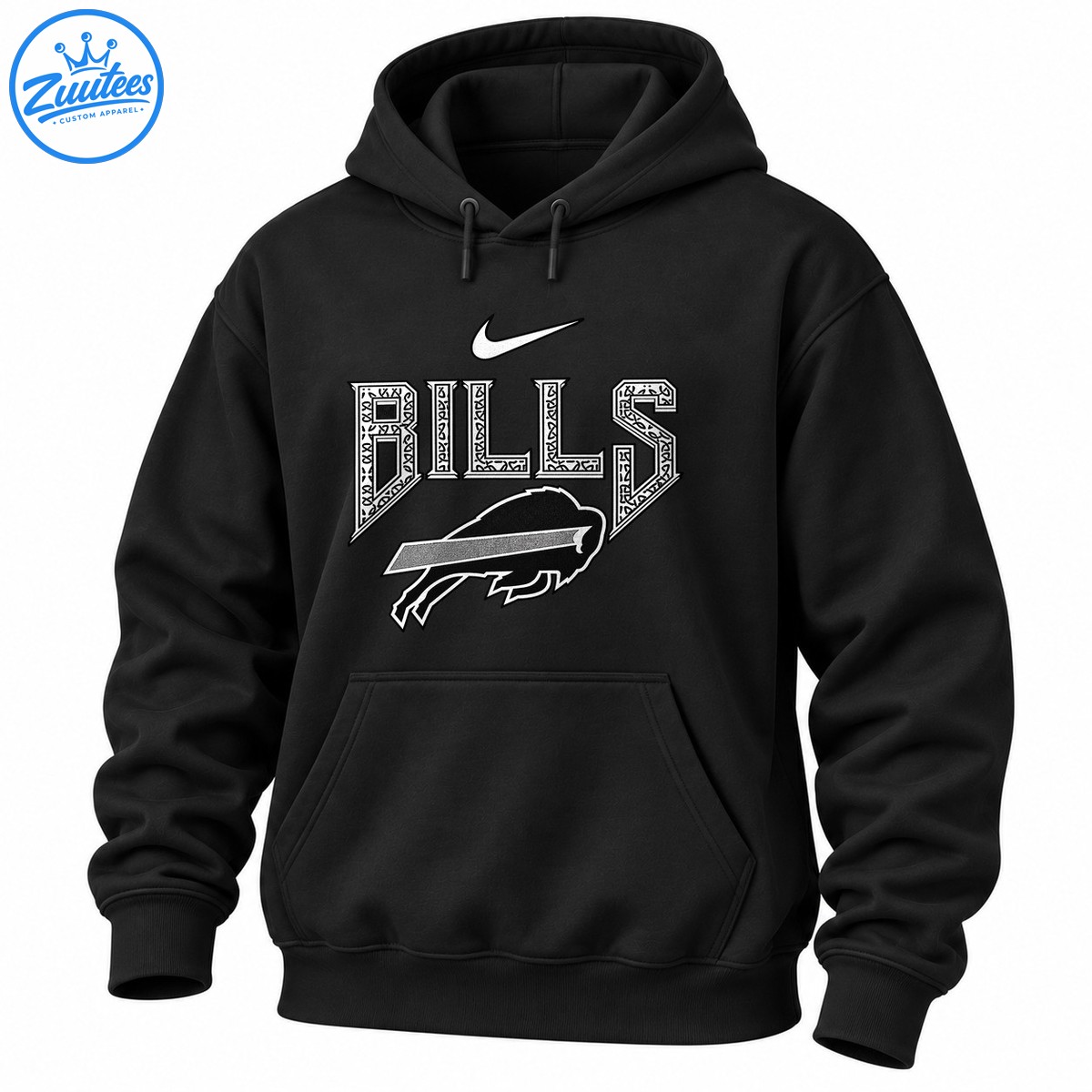 BILLS varsity lettering with a white swoosh and outlined buffalo graphic in black, white, and gray BILLS varsity lettering with a white swoosh and outlined buffalo graphic in black, white, and gray