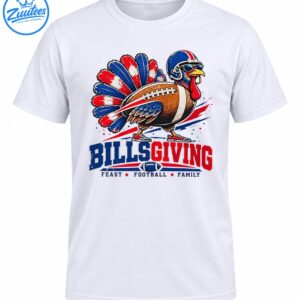 Billsgiving turkey football graphic with blue helmet, red white blue feathers and Feast Football Family lettering