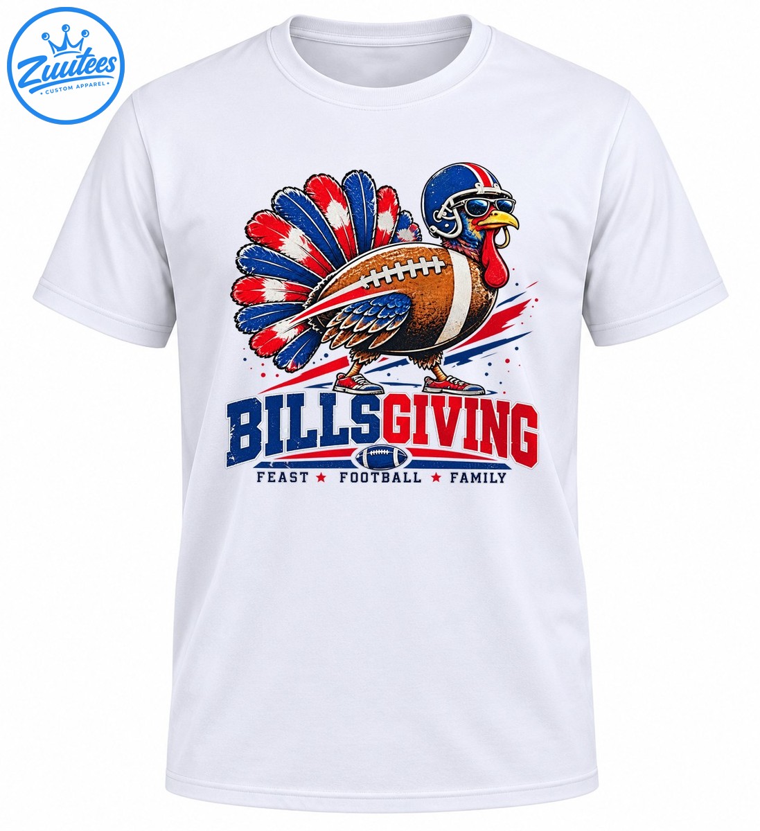 Billsgiving turkey football graphic with blue helmet, red white blue feathers and Feast Football Family lettering Billsgiving turkey football graphic with blue helmet, red white blue feathers and Feast Football Family lettering