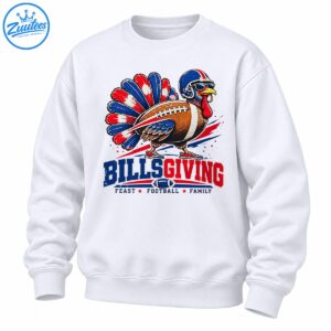 Billsgiving turkey football graphic with blue helmet, red white blue feathers and Feast Football Family lettering