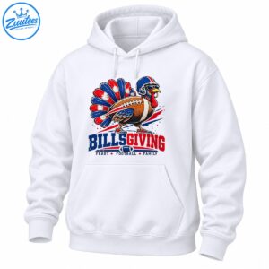 Billsgiving turkey football graphic with blue helmet, red white blue feathers and Feast Football Family lettering