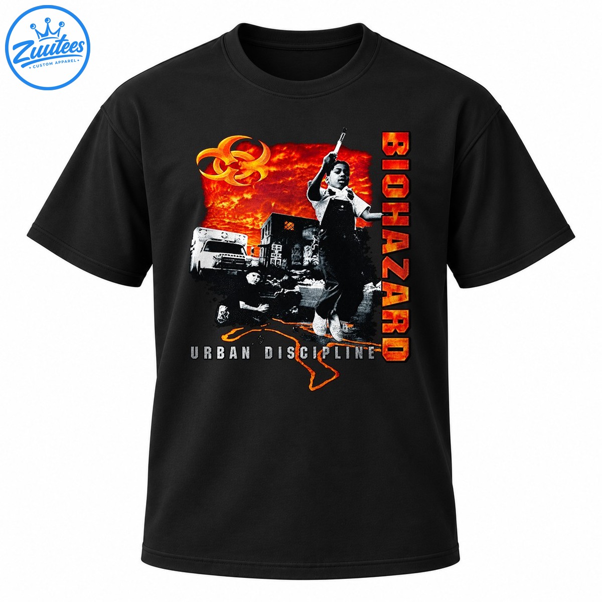 Biohazard Urban Discipline Shirt graphic with fiery orange sky, golden biohazard symbol, city ruins, figure, and distressed lettering Biohazard Urban Discipline Shirt graphic with fiery orange sky, golden biohazard symbol, city ruins, figure, and distressed lettering