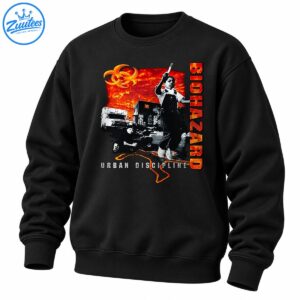 Biohazard Urban Discipline Shirt graphic with fiery orange sky, golden biohazard symbol, city ruins, figure, and distressed lettering