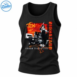 Biohazard Urban Discipline Shirt graphic with fiery orange sky, golden biohazard symbol, city ruins, figure, and distressed lettering