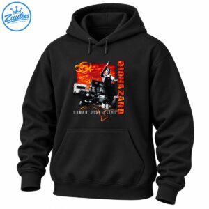 Biohazard Urban Discipline Shirt graphic with fiery orange sky, golden biohazard symbol, city ruins, figure, and distressed lettering