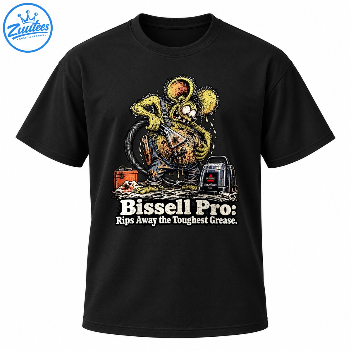 Grimy yellow green rat mechanic with cleaning hose, toolbox, and machine above distressed Bissell Pro lettering. Grimy yellow-green rat mechanic with cleaning hose, toolbox, and machine above distressed Bissell Pro lettering.