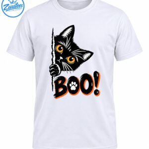 Black cat with golden eyes peeking around an edge above distressed black and orange BOO! lettering with a white paw print.