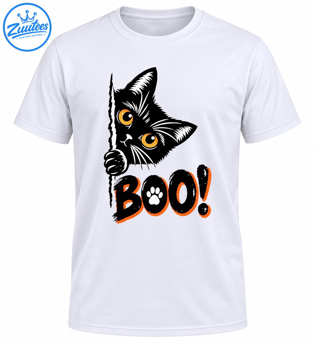 Black cat with golden eyes peeking around an edge above distressed black and orange BOO! lettering with a white paw print. Black cat with golden eyes peeking around an edge above distressed black and orange BOO! lettering with a white paw print.