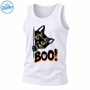 Black cat with golden eyes peeking around an edge above distressed black and orange BOO! lettering with a white paw print.