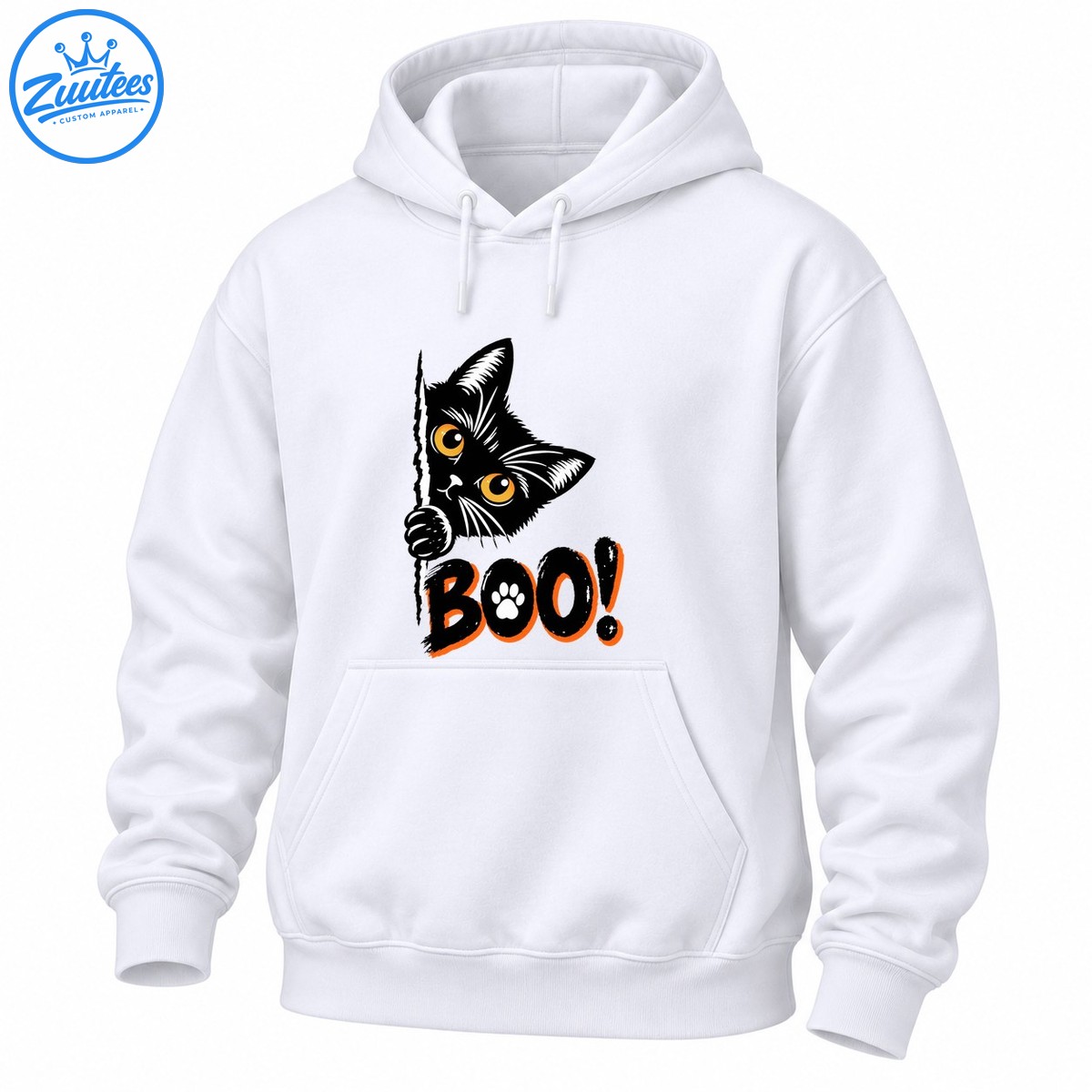 Black cat with golden eyes peeking around an edge above distressed black and orange BOO! lettering with a white paw print. Black cat with golden eyes peeking around an edge above distressed black and orange BOO! lettering with a white paw print.