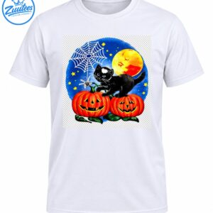 Black-and-white kitten on two grinning orange pumpkins beneath a full moon, stars, and a white spiderweb