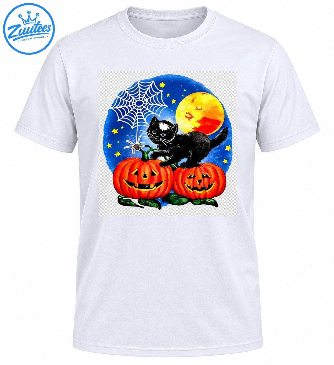 Black and white kitten on two grinning orange pumpkins beneath a full moon, stars, and a white spiderweb Black-and-white kitten on two grinning orange pumpkins beneath a full moon, stars, and a white spiderweb