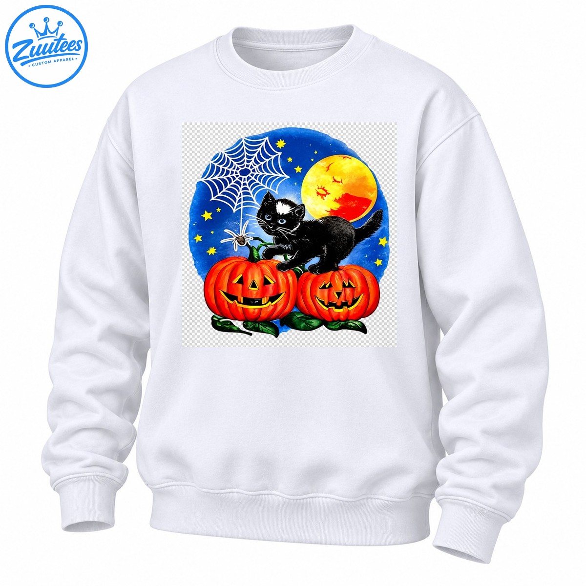 Black Kitten On Pumpkins With Spider Web And Full Moon Sweatshirt