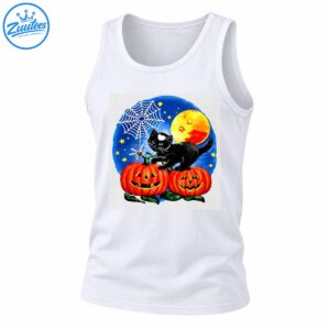 Black-and-white kitten on two grinning orange pumpkins beneath a full moon, stars, and a white spiderweb