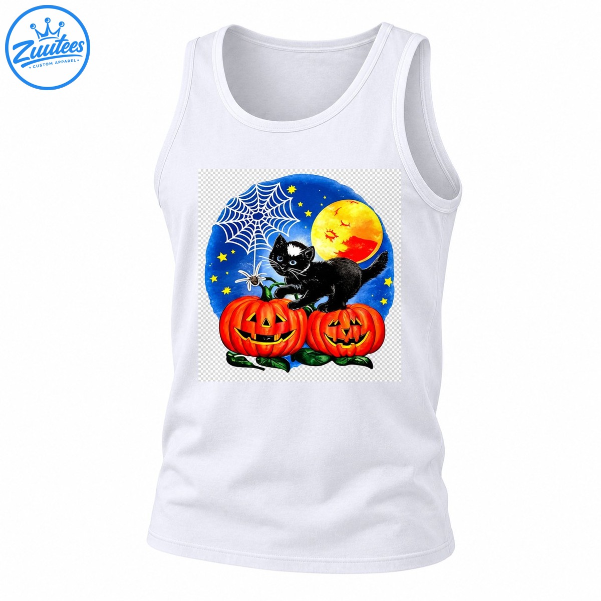 Black Kitten On Pumpkins With Spider Web And Full Moon Tank Top
