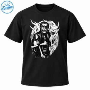 Black and white black metal artwork featuring a corpse-painted priest holding a bone cross beside a skull and flames