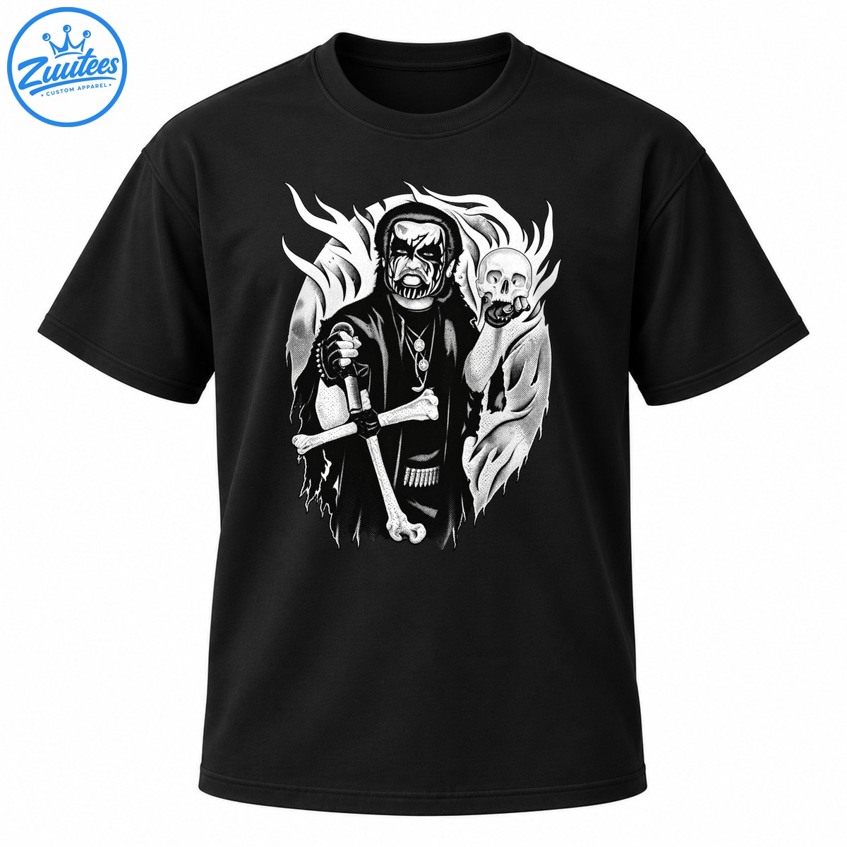 Black and white black metal artwork featuring a corpse painted priest holding a bone cross beside a skull and flames Black and white black metal artwork featuring a corpse-painted priest holding a bone cross beside a skull and flames