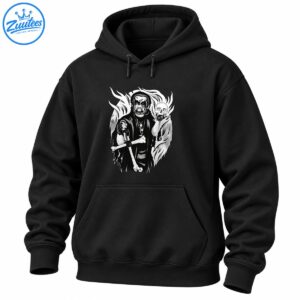 Black and white black metal artwork featuring a corpse-painted priest holding a bone cross beside a skull and flames