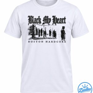 Black My Heart hardcore shirt design with distressed gothic lettering and hanging silhouettes in dark monochrome tones