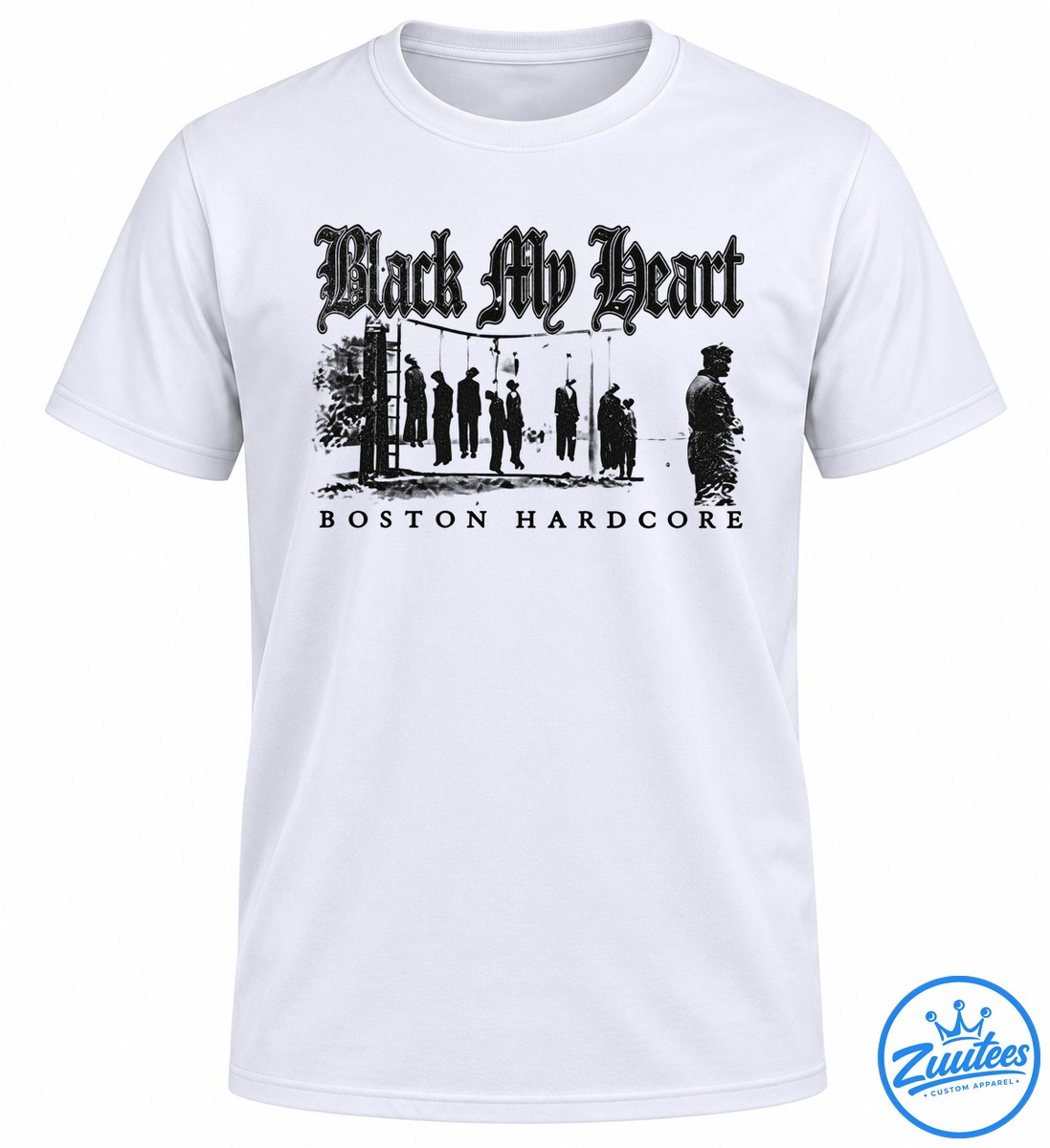 Black My Heart Boston Hardcore Kill Or Be Killed Life Or Death Shirt Black My Heart hardcore shirt design with distressed gothic lettering and hanging silhouettes in dark monochrome tones