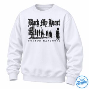 Black My Heart hardcore shirt design with distressed gothic lettering and hanging silhouettes in dark monochrome tones