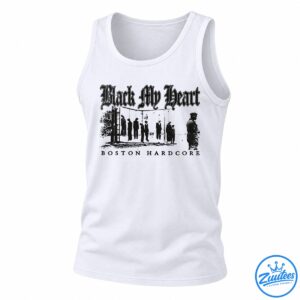 Black My Heart hardcore shirt design with distressed gothic lettering and hanging silhouettes in dark monochrome tones