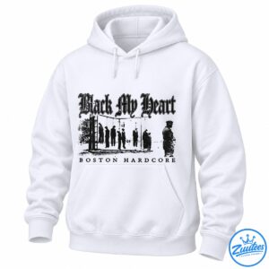 Black My Heart hardcore shirt design with distressed gothic lettering and hanging silhouettes in dark monochrome tones