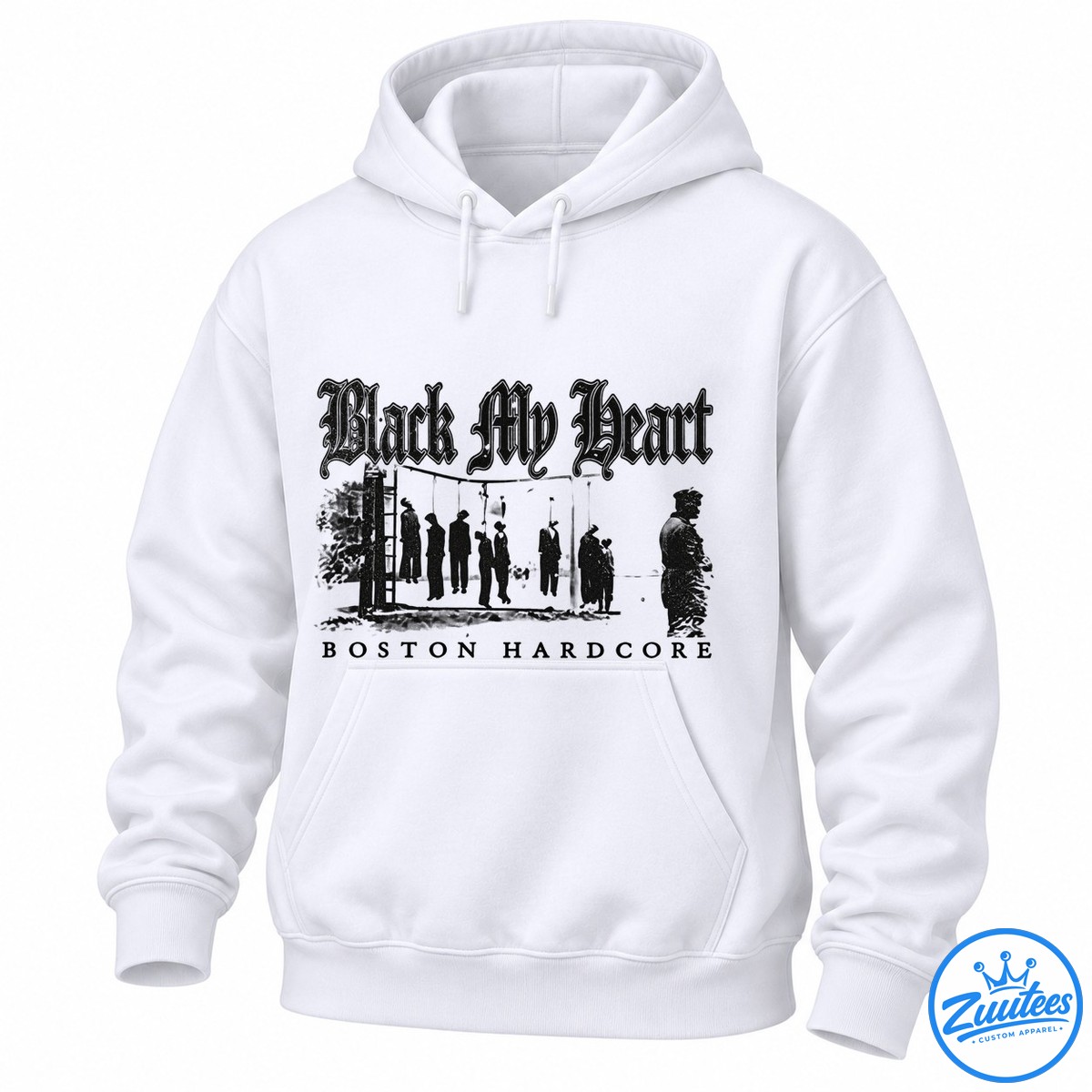 Black My Heart Boston Hardcore Kill Or Be Killed Life Or Death Shirt Black My Heart hardcore shirt design with distressed gothic lettering and hanging silhouettes in dark monochrome tones