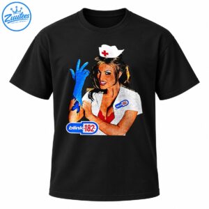 Vintage Blink-182 nurse graphic with a white uniform, red cross cap, blue glove, and distressed blue and red lettering
