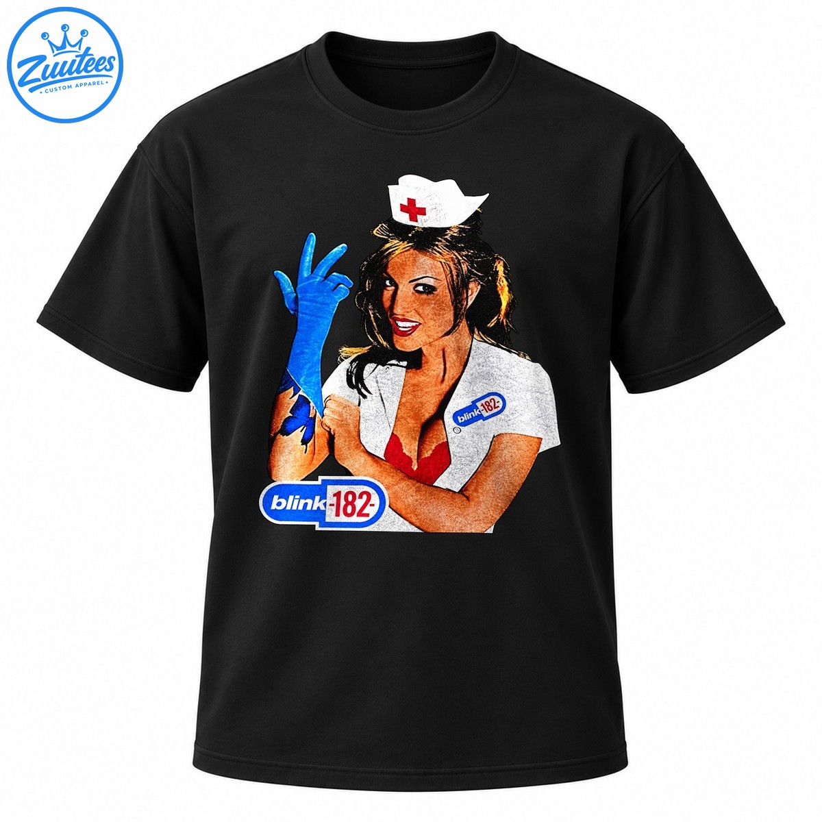 Vintage Blink 182 nurse graphic with a white uniform, red cross cap, blue glove, and distressed blue and red lettering Vintage Blink-182 nurse graphic with a white uniform, red cross cap, blue glove, and distressed blue and red lettering