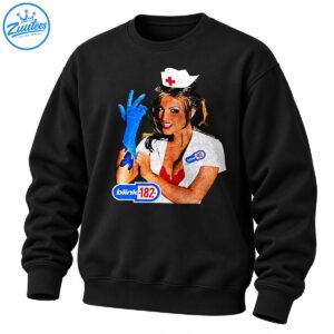 Vintage Blink-182 nurse graphic with a white uniform, red cross cap, blue glove, and distressed blue and red lettering