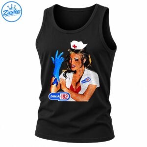 Vintage Blink-182 nurse graphic with a white uniform, red cross cap, blue glove, and distressed blue and red lettering