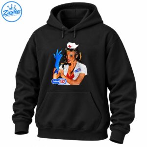 Vintage Blink-182 nurse graphic with a white uniform, red cross cap, blue glove, and distressed blue and red lettering