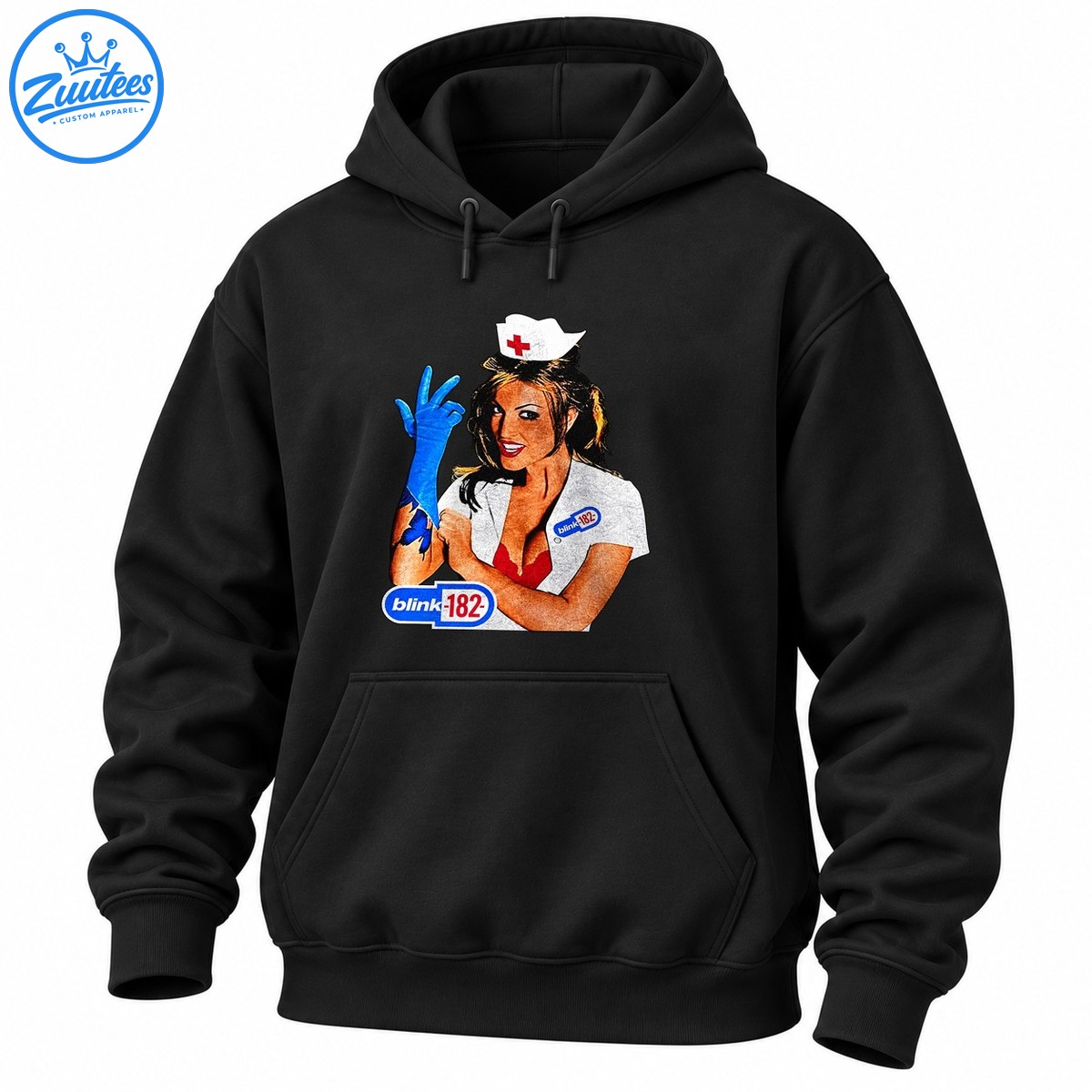 Vintage Blink 182 nurse graphic with a white uniform, red cross cap, blue glove, and distressed blue and red lettering Vintage Blink-182 nurse graphic with a white uniform, red cross cap, blue glove, and distressed blue and red lettering