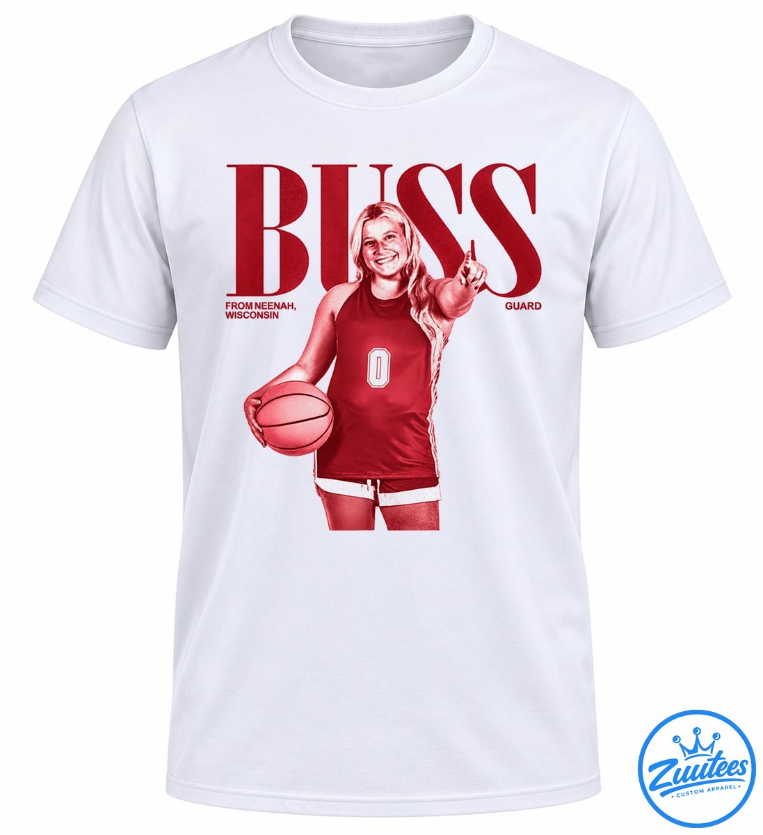 Bliss basketball graphic featuring a smiling female player in a red number 0 jersey holding a ball, with Neenah Wisconsin text Bliss basketball graphic featuring a smiling female player in a red number 0 jersey holding a ball, with Neenah Wisconsin text