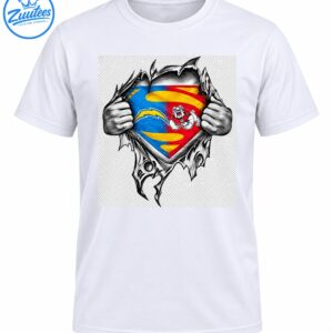 Bulldog superhero shirt design with grayscale hands tearing jagged fabric around a blue and red shield, yellow lightning bolt, and bulldog mascot.