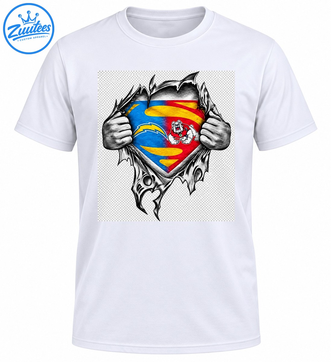 Bulldog superhero shirt design with grayscale hands tearing jagged fabric around a blue and red shield, yellow lightning bolt, and bulldog mascot. Bulldog superhero shirt design with grayscale hands tearing jagged fabric around a blue and red shield, yellow lightning bolt, and bulldog mascot.