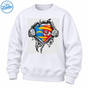 Bulldog superhero shirt design with grayscale hands tearing jagged fabric around a blue and red shield, yellow lightning bolt, and bulldog mascot.