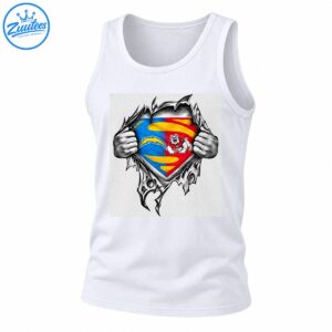 Bulldog superhero shirt design with grayscale hands tearing jagged fabric around a blue and red shield, yellow lightning bolt, and bulldog mascot.