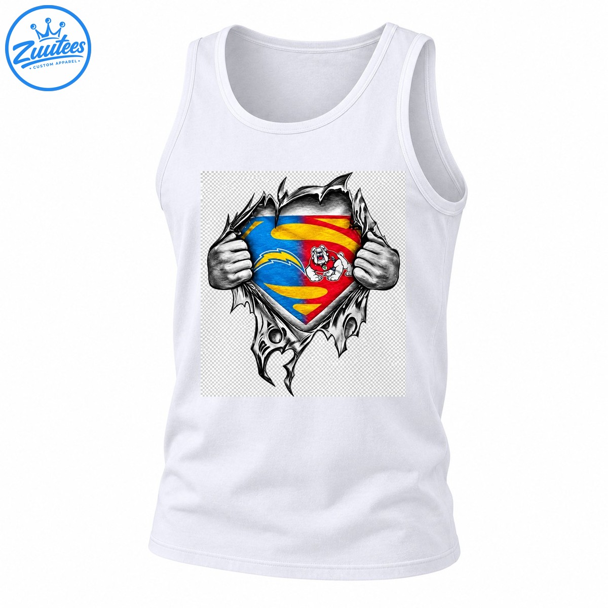 Blue Red Bulldog Torn Fabric Superhero Shield Tank Top