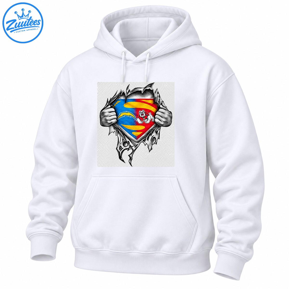 Bulldog superhero shirt design with grayscale hands tearing jagged fabric around a blue and red shield, yellow lightning bolt, and bulldog mascot. Bulldog superhero shirt design with grayscale hands tearing jagged fabric around a blue and red shield, yellow lightning bolt, and bulldog mascot.