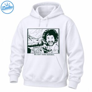 Bob Ross illustration with curly hair, paintbrush, mountain landscape, pine trees, and the quote We don't make mistakes