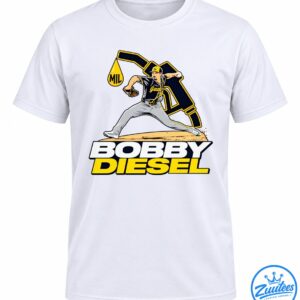 Bobby Diesel baseball graphic featuring a pitcher in a navy and gold uniform, an MIL oil drop, and bold white and yellow lettering