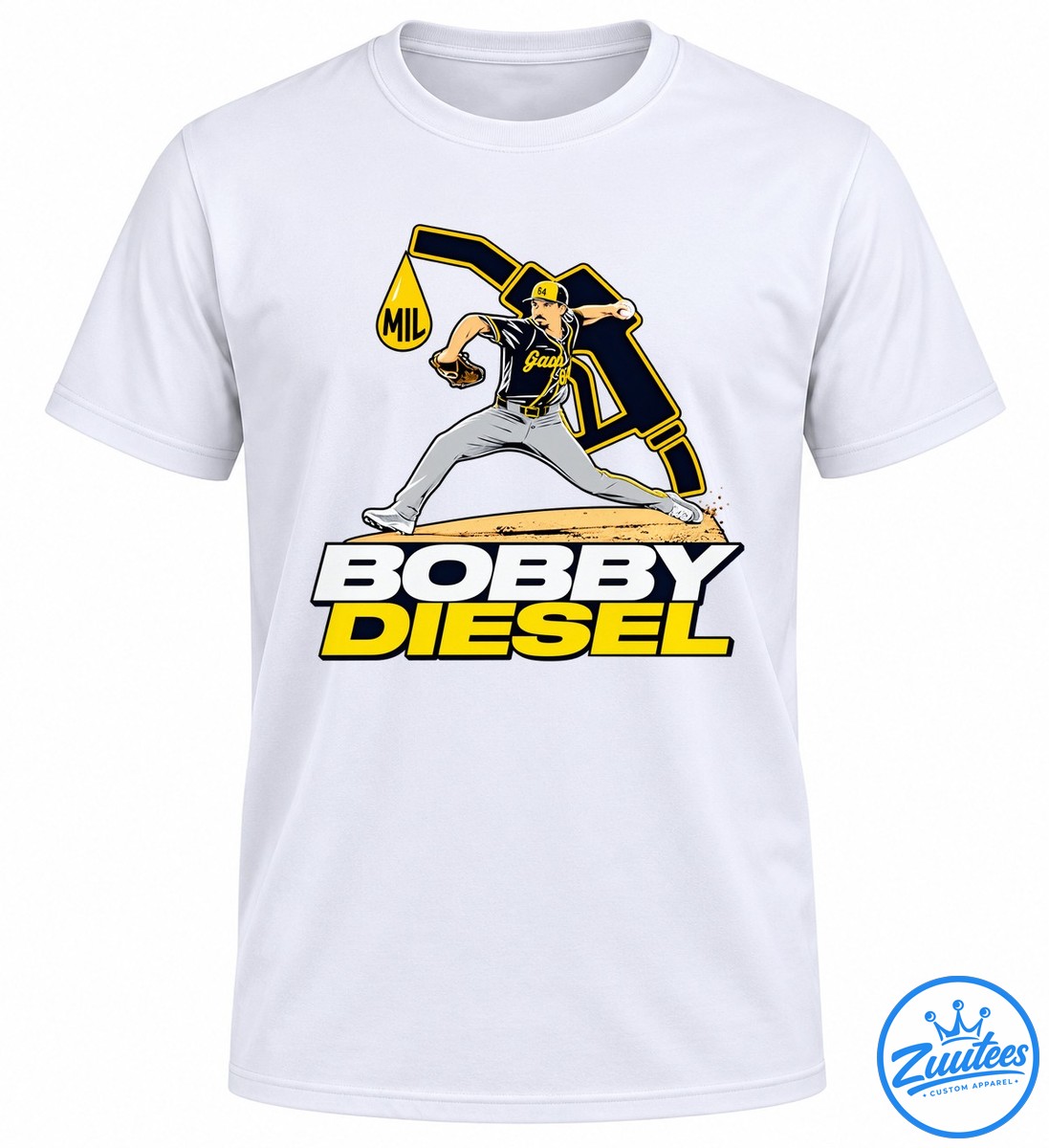 Bobby Diesel baseball graphic featuring a pitcher in a navy and gold uniform, an MIL oil drop, and bold white and yellow lettering Bobby Diesel baseball graphic featuring a pitcher in a navy and gold uniform, an MIL oil drop, and bold white and yellow lettering