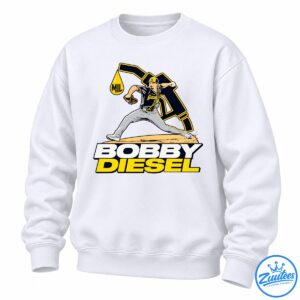 Bobby Diesel baseball graphic featuring a pitcher in a navy and gold uniform, an MIL oil drop, and bold white and yellow lettering